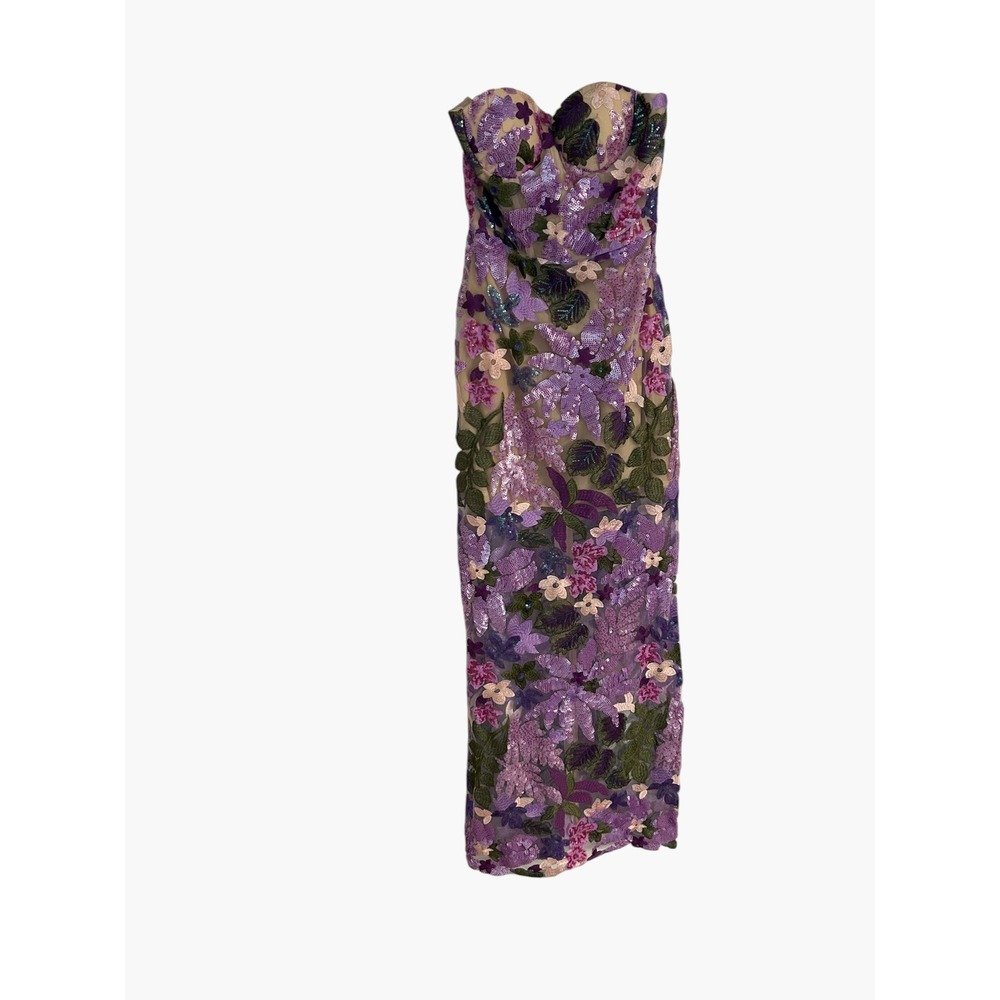 Sunfere Purple Floral Sequin Strapless Sweetheart Midi Dress Small NWT